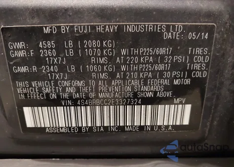 2014 Subaru Outback 2.5I Premium from USA, damaged, VIN 4S4BRBCC2E3327324